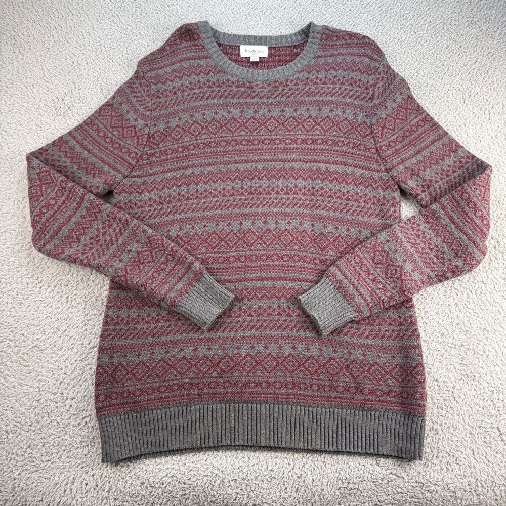 Goodfellow & Co Men’s Large Fair Isle Sweater Gray Burgundy 100% Cotton Crewneck